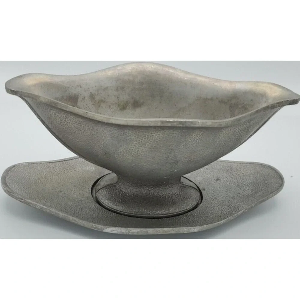 Vintage Cast Hammered Aluminum Gravy Boat Guardian Service 2 Pc Underplate‎ Gray